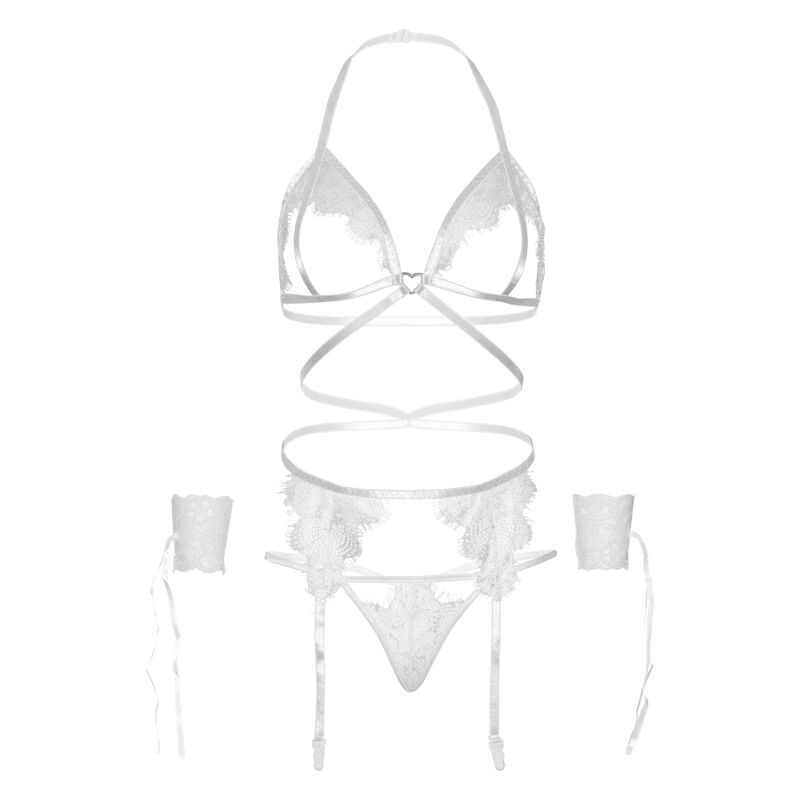 LEG AVENUE - ENSEMBLE QUATRE PIÈCES SOUTIEN-GORGE, STRING, PORTE-JARRETELLES TAILLE UNIQUE - BLANC
