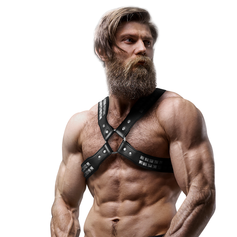 FETISH SUBMISSIVE ATTITUDE - HARNAIS EN CUIR ÉCOLOGIQUE POUR HOMMES POITRINE CROISÉE AVEC RIVETS