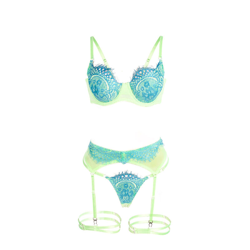 SUBBLIME - ENSEMBLE SOUTIEN-GORGE AVEC LIGNES DENTELLE ET JARRETELLE VERT ET BLEU