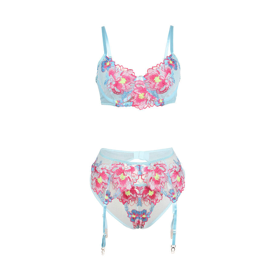 SUBBLIME - 957650 ENSEMBLE SOUTIEN-GORGE ET PORTE-JARRETELLES BRODÉ FLEURS ROSE