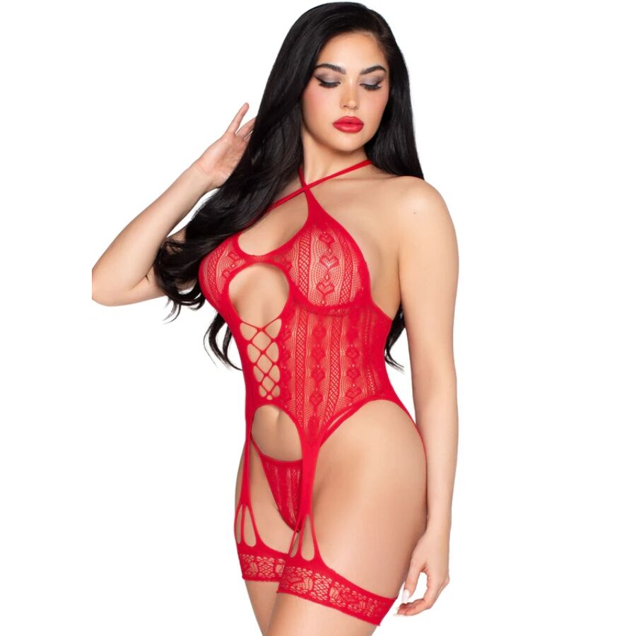 LEG AVENUE - BODY OUVERT EN DENTELLE AVEC PORTE-JARRETELLES + STRING ROUGE - TAILLE UNIQUE