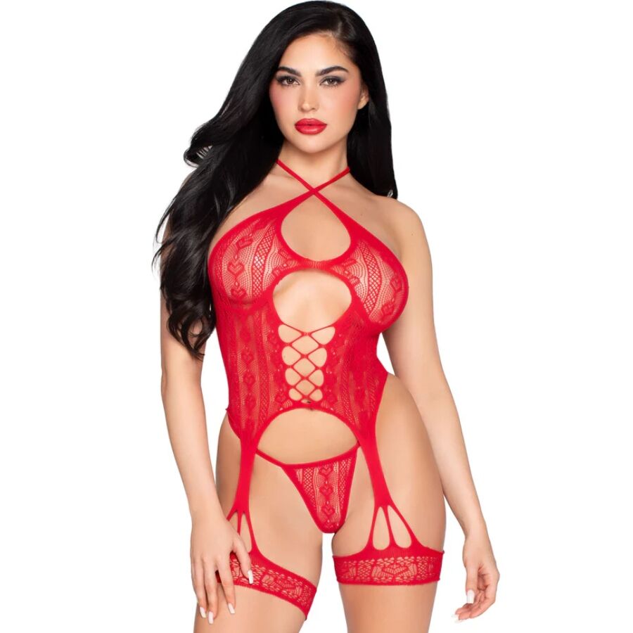 LEG AVENUE - BODY OUVERT EN DENTELLE AVEC PORTE-JARRETELLES + STRING ROUGE - TAILLE UNIQUE